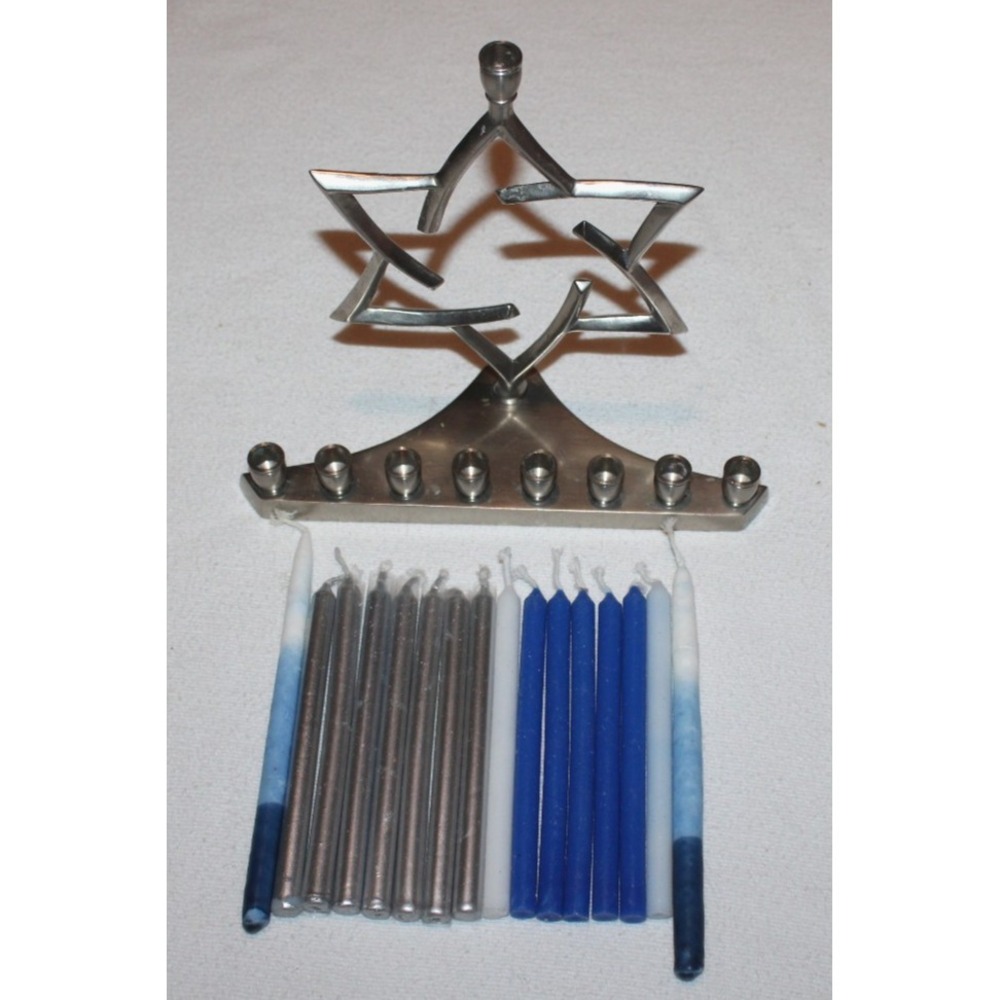 metal Star of David Hanukkah Menorah silver tone with 16 candles Judaism